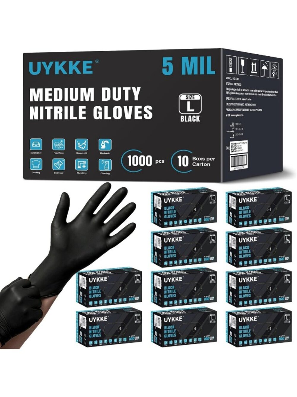 Large 5 Mil Disposable Black Nitrile Gloves - Latex-Free, Durable & Comfortable